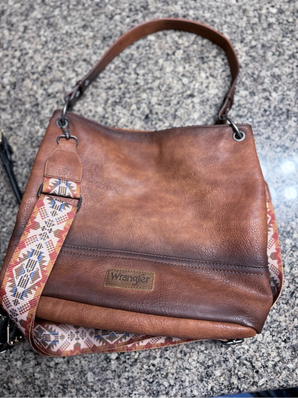 Wrangler Brown Leather Shoulder Bag with Patterned Strap
